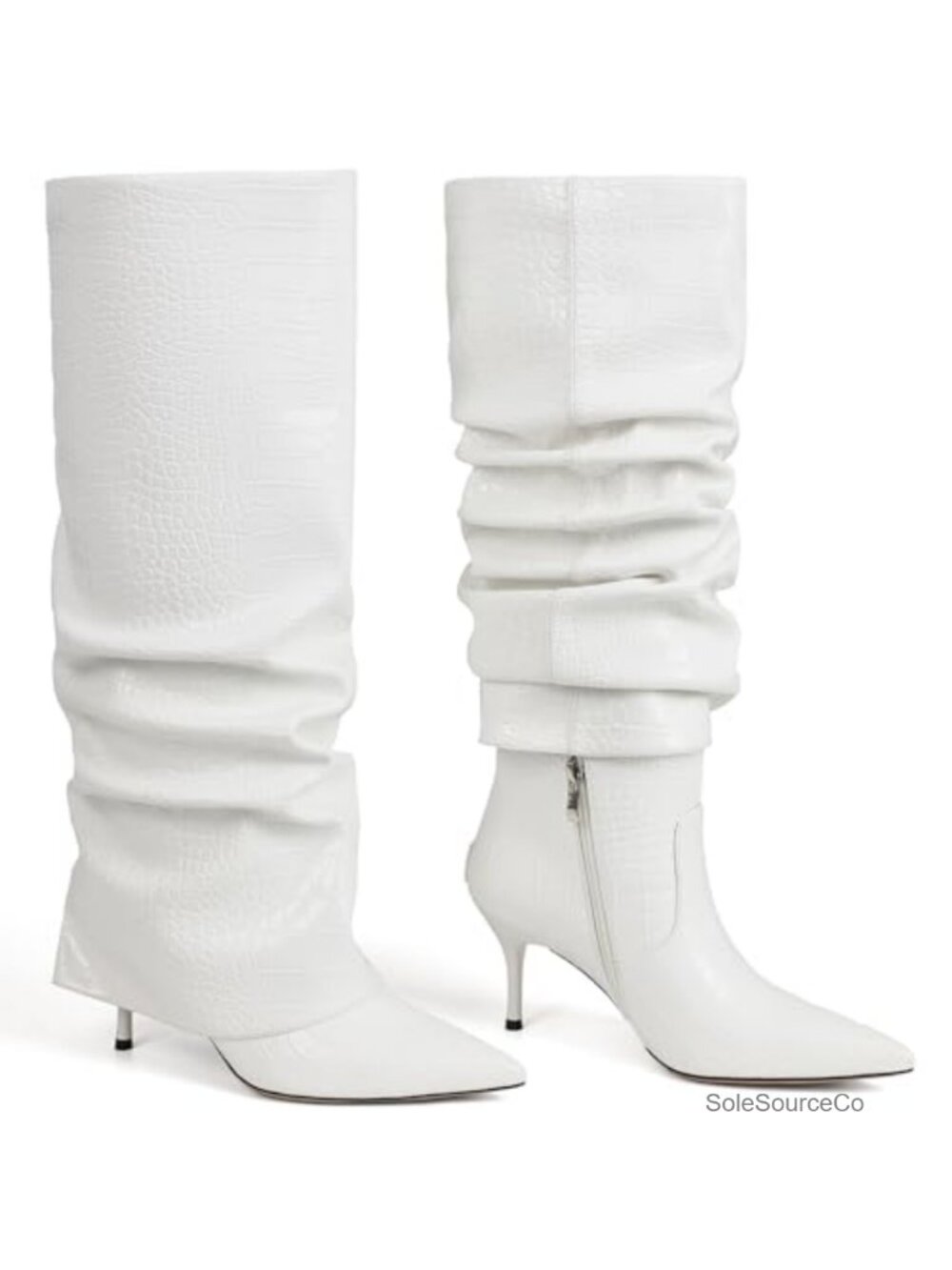 Knee High Stiletto Heel Boots Slouchy Fold Over PU Leather Wide Calf - Picture 3 of 6